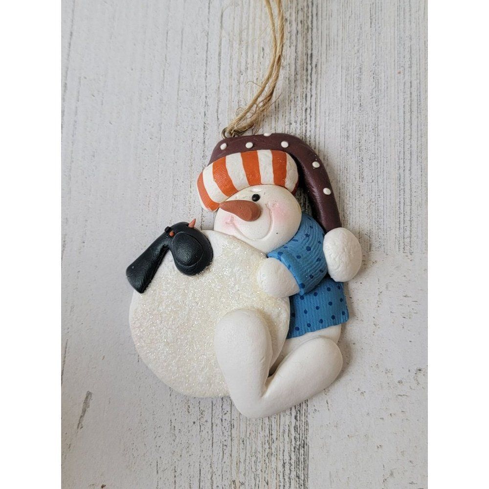Henton snowman snowball glitter ornament Xmas Decor hat smile